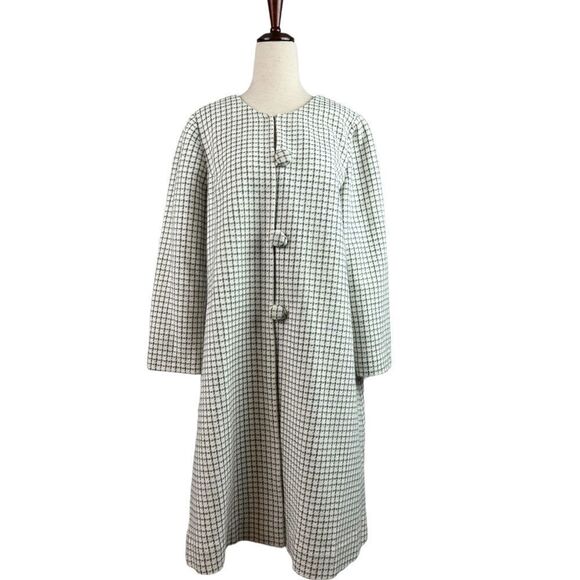 Vintage 60s Wool Plaid Checkered Dress Overcoat Button Front Full Sleeves Lined - Picture 1 of 10
